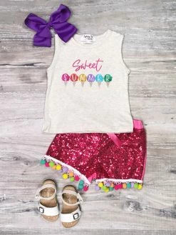 Sydney So Sweet Sweet Summer Ice Cream Pink Sequin Pom Girls Shorts Outfit Shorts & Capri Outfits