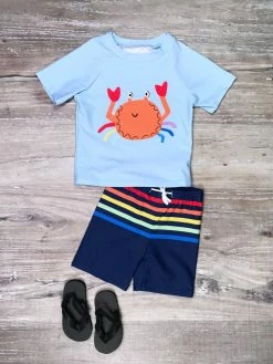 Sydney So Sweet Feelin' Crabby Rainbow Stripe Boys Swim Top And Trunks Set
