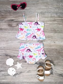 Sydney So Sweet Roaring Rainbow Dinosaurs Ruffle High Waisted Two Piece Girls Swimsuit