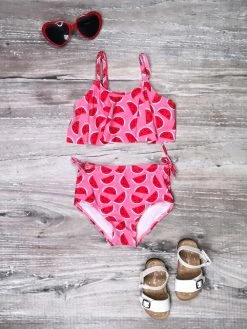 Sydney So Sweet Sweet Watermelon Pink Flounce Two Piece Girls Swimsuit
