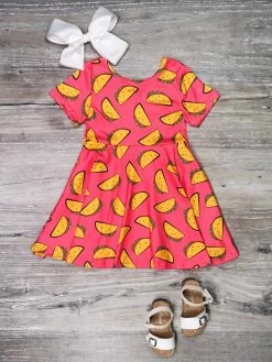 Sydney So Sweet Taco Tuesday Hot Pink Short Sleeve Girls Skater Dress Dresses & Skirt Sets