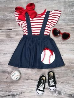 Sydney So Sweet Take Me Out To The Ballgame Baseball Stripe Girls Suspender Set
