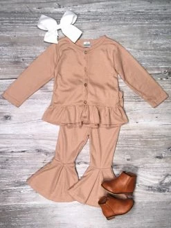 Sydney So Sweet Taupe Brown Button Waffle Knit Peplum Bell Bottom Girls Outfit