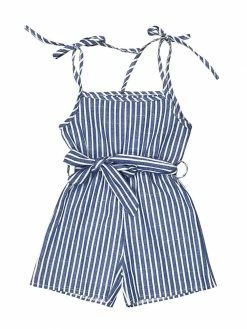 Sydney So Sweet Tie Strap Belted Blue Striped Girls Romper