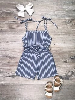 Sydney So Sweet Tie Strap Belted Blue Striped Girls Romper