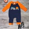 Sydney So Sweet Baby Boutique Tractor Pull Pumpkin Orange & Blue Long Sleeve Baby Romper