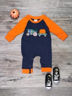 Sydney So Sweet Baby Boutique Tractor Pull Pumpkin Orange & Blue Long Sleeve Baby Romper