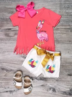 Sydney So Sweet Shorts & Capri Outfits Tropi-Cool Flamingo Fruit Fringe White Denim Girls Shorts Outfit