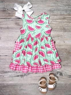 Sydney So Sweet Dresses & Skirt Sets Truly One In A Melon Watermelon Pink Gingham Ruffle Girls Dress