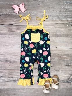 Sydney So Sweet Tulip Breeze Pink & Yellow Floral Tie Strap Baby Girls Romper