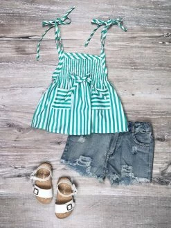 Sydney So Sweet Turquoise & White Stripe Smocked Distressed Denim Girls Shorts Outfit Shorts & Capri Outfits