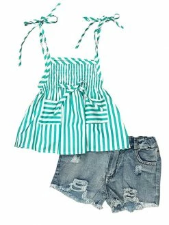 Sydney So Sweet Turquoise & White Stripe Smocked Distressed Denim Girls Shorts Outfit Shorts & Capri Outfits