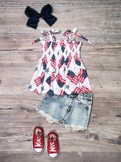 Sydney So Sweet USA American Flag Smocked Light Wash Denim Girls Shorts Outfit New Arrivals
