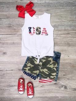 Sydney So Sweet New Arrivals USA Camo American Flag Tie Knot Denim Girls 4th Of July Shorts Outfit