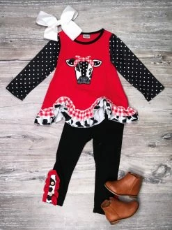 Sydney So Sweet Udderly Fabulous Cow Polka Dot Ruffle Red Girls Outfit