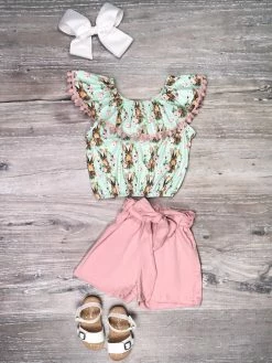 Sydney So Sweet Velveteen Rabbit Mint & Pink Floral Girls Shorts Outfit Shorts & Capri Outfits