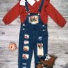 Sydney So Sweet Vintage Fall Farm Burnt Orange Muslin Denim Patch Girls Overalls Set