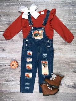 Sydney So Sweet Vintage Fall Farm Burnt Orange Muslin Denim Patch Girls Overalls Set
