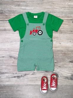 Sydney So Sweet New Arrivals Vintage Red Tractor Green Stripe Boys Overalls Outfit