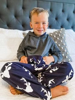 Sydney So Sweet Navy Winter Deer Gray Hooded Sweatshirt Boys Jogger Outfit Loungewear, Joggers, & PJ's