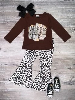 Sydney So Sweet Walk By Faith Cross Leopard Brown Bell Bottom Girls Outfit Easter & Spring
