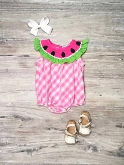 Sydney So Sweet Watermelon Daydream Pink Gingham Smocked Collar Baby Girl Romper New Arrivals