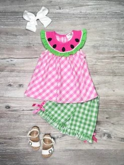Sydney So Sweet New Arrivals Watermelon Daydream Pink Gingham Smocked Collar Girls Shorts Outfit
