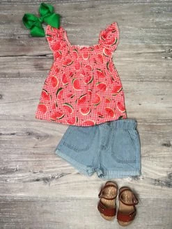 Sydney So Sweet New Arrivals Watermelon Picnic Red Flutter Girls Denim Shorts Outfit