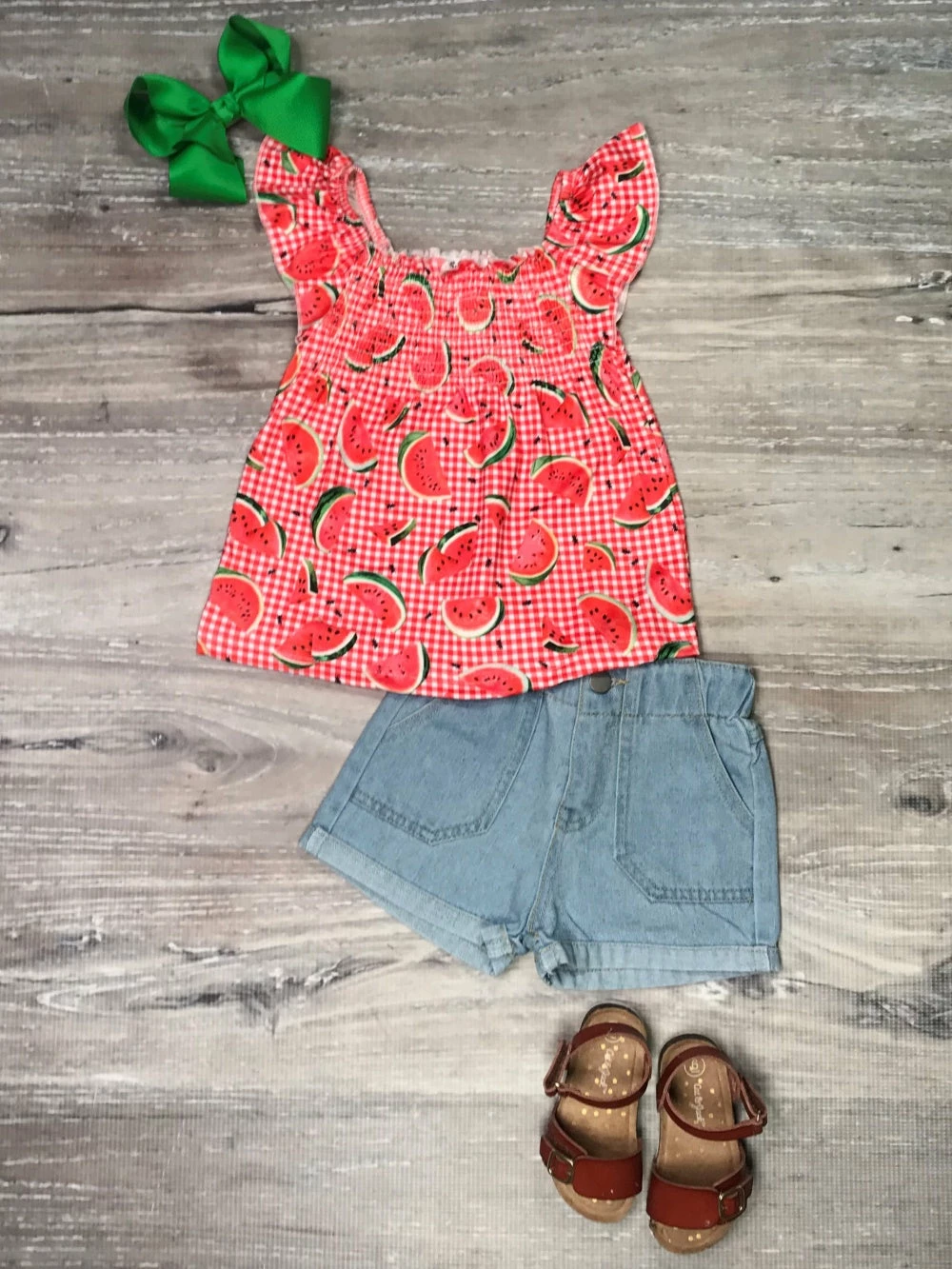 Sydney So Sweet New Arrivals Watermelon Picnic Red Flutter Girls Denim Shorts Outfit 2 Sydney So Sweet New Arrivals Watermelon Picnic Red Flutter Girls Denim Shorts Outfit