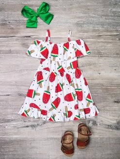 Sydney So Sweet Dresses & Skirt Sets Watermelon Popsicle Seed Polka Dot Cold Shoulder Girls Dress