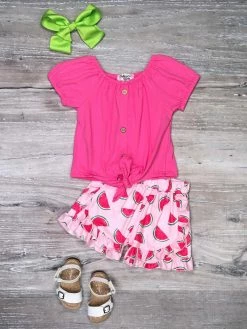 Sydney So Sweet New Arrivals Watermelon Treat Pink Tie Knot Ruffle Girls Shorts Outfit