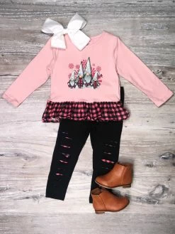 Sydney So Sweet 2 Piece Pants Outfits Welcome Gnome Pink Buffalo Plaid Distressed Leggings Girls Outfit