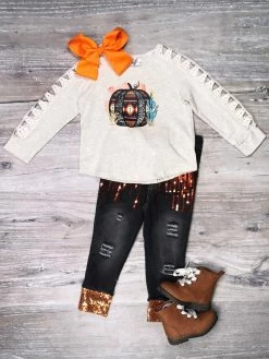 Sydney So Sweet Western Serape Cactus Pumpkin Lace Sequin Denim Girls Fall Outfit