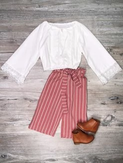 Sydney So Sweet White Lace Mauve Stripe Wide Leg Girls Outfit 2 Piece Pants Outfits