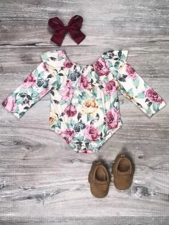 Sydney So Sweet Baby Boutique White & Pink Rose Floral Ruffle Girls Baby Romper
