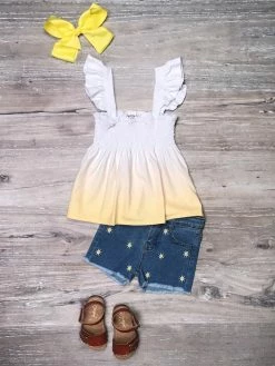 Sydney So Sweet New Arrivals White & Yellow Ombre Smocked Sunshine Denim Girls Shorts Outfit