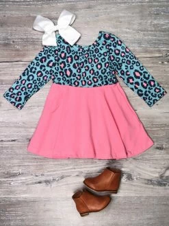 Sydney So Sweet Wild At Heart Pink & Blue Leopard Long Sleeve Girls Skater Dress Dresses & Skirt Sets