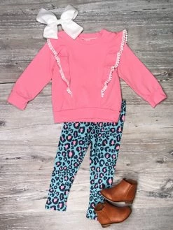 Sydney So Sweet 2 Piece Pants Outfits Wild At Heart Pink & Blue Leopard Ruffle Girls Outfit