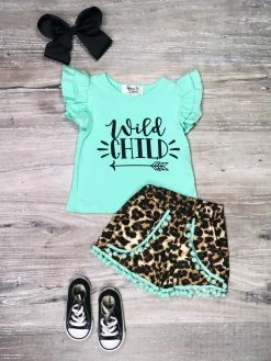 Sydney So Sweet Wild Child Mint Cheetah Pom Pom Ruffle Girls Shorts Outfit New Arrivals