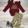 Sydney So Sweet Wild One Burgundy Boho Rainbow Cheetah Baby Girls Bell Bottom Set Baby Boutique