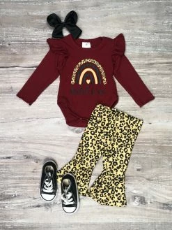 Sydney So Sweet Wild One Burgundy Boho Rainbow Cheetah Baby Girls Bell Bottom Set Baby Boutique