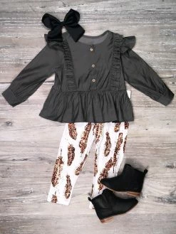 Sydney So Sweet 2 Piece Pants Outfits Wild Spirit Cheetah Feather Gray Ruffle Button Girls Outfit