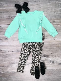 Sydney So Sweet 2 Piece Pants Outfits Wild Thing Mint Leopard Ruffle Girls Outfit