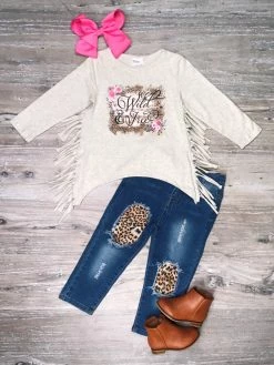 Sydney So Sweet Wild & Free Cheetah Fringe Denim Patch Girls Outfit
