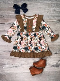 Sydney So Sweet Wildflower Floral Brown & Navy Ruffle Girls Boutique Dress