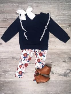 Sydney So Sweet Winter Bouquet Blue Floral Pom Pom Ruffle Girls Outfit