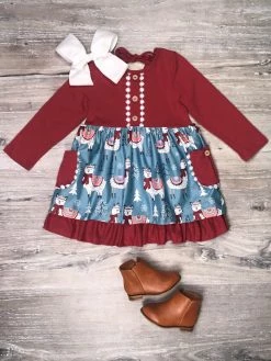Sydney So Sweet Dresses & Skirt Sets Winter Ooo La Llama Burgundy Blue Ruffle Girls Dress