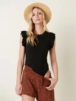 Sydney So Sweet Ruffle Short Sleeve Ribbed Women's Bodysuit + Multiple Colors