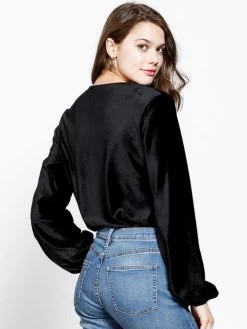 Sydney So Sweet Black Velvet Ribbed Wrap Front Women's Blouse Bodysuit Christmas