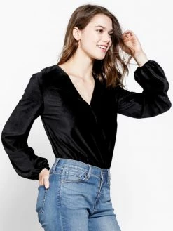 Sydney So Sweet Black Velvet Ribbed Wrap Front Women's Blouse Bodysuit Christmas